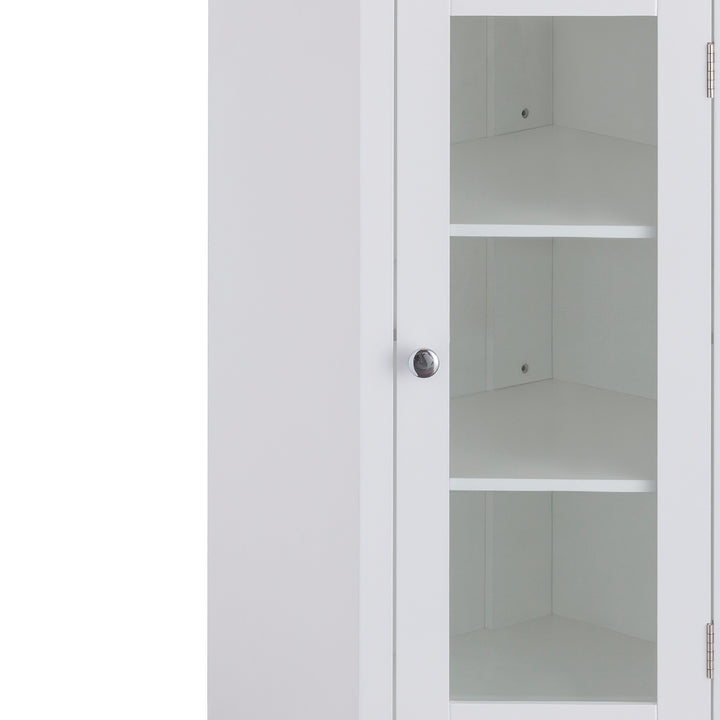 Teamson Home Madison Corner Floor Storage Cabinet, White with a close up of the shelves inside