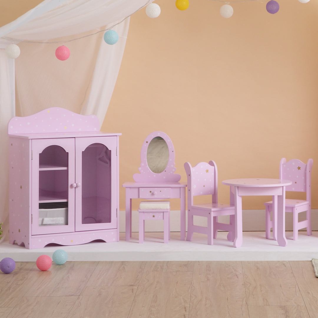 A close-up of a purple closet with two doors, three hangers and storage bin.