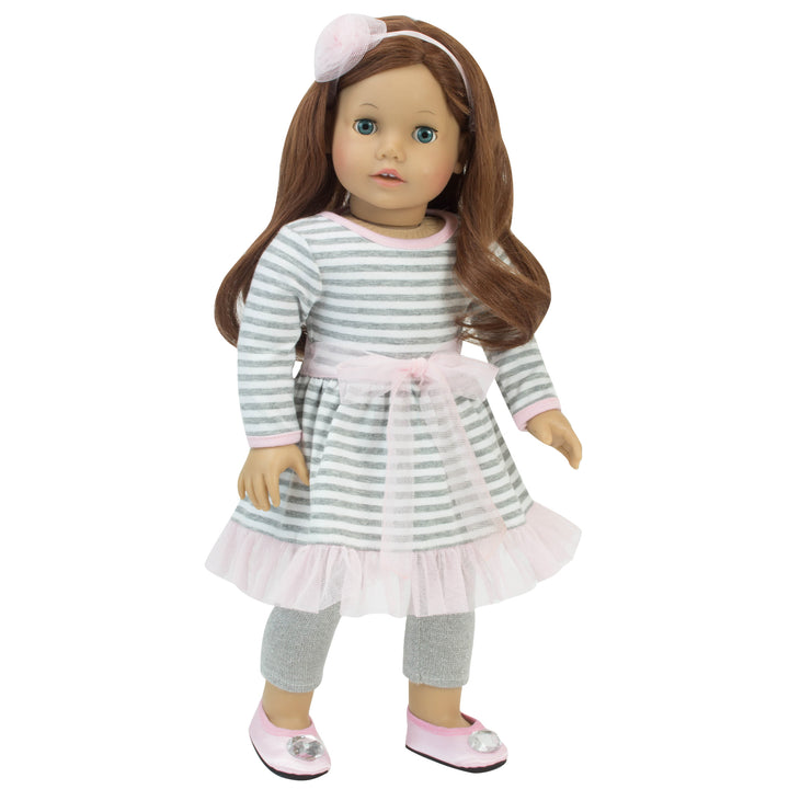 Sophia’s Long-Sleeved Striped Tulle Hem Sweater Dress, Knit Leggings with Sparkle Accents, & Tulle Flower Headband for 18” Dolls, Pink/Gray