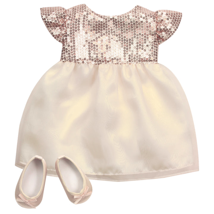 Sophia’s Holiday Special Occasion Sparkling Sequin Top Dress with Organza Skirt & Matching Ballet Flat Shoes for 15” Baby Dolls, Champagne Gold