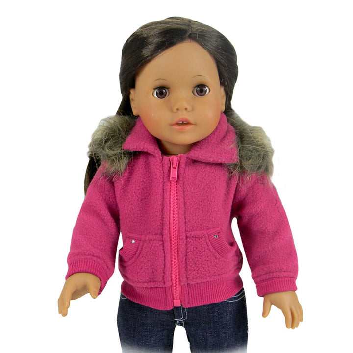 Sophia's Fleece Zip Up Sweatshirt with Faux faux fur Collar for 18" Dolls, Hot Pink