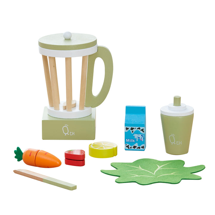 A Teamson Kids Little Chef Frankfurt wooden blender play kitchen accessories set with pretend ingredients and a milk carton.