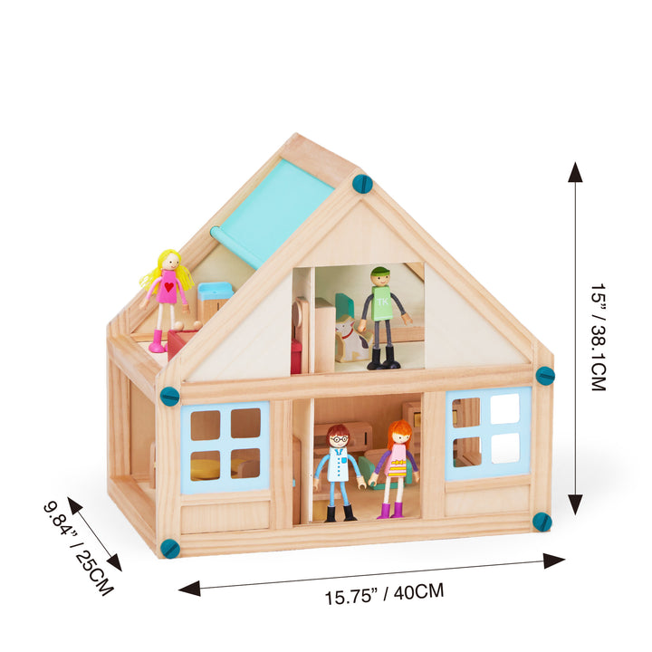 Olivia's Little World Buildable Wooden Dollhouse with 3.5" Doll People and Furniture, Tan/Sea Green