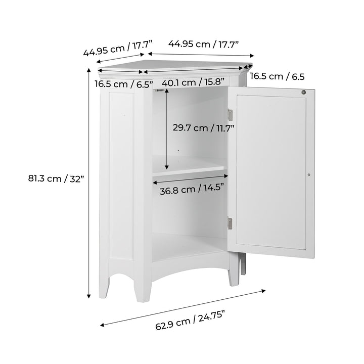 White Glancy Corner Floor Cabinet with Louvered Door, Chrome Knob with dimensions listed in inches and centimeters