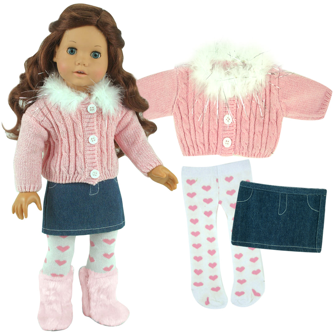 Sophia's 3 Piece Feather Trim Sweater Outfit Set for 18'' Dolls, Pink