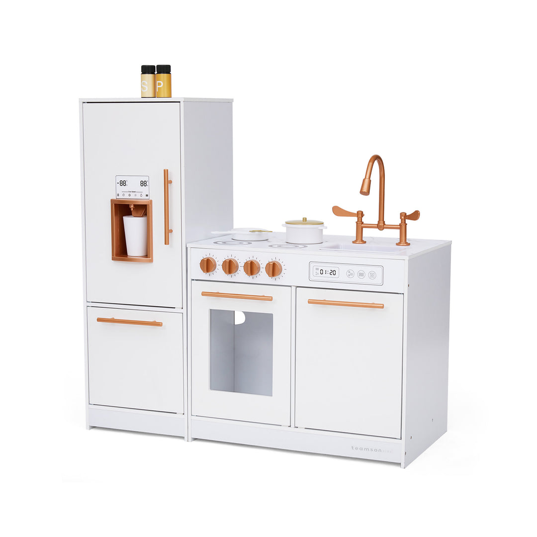 Little Chef Milano Two-Piece Modular Modern Delight Play Kitchen with Cooking Accessories, Faux Marble Finish, & Rose Gold Hardware, White