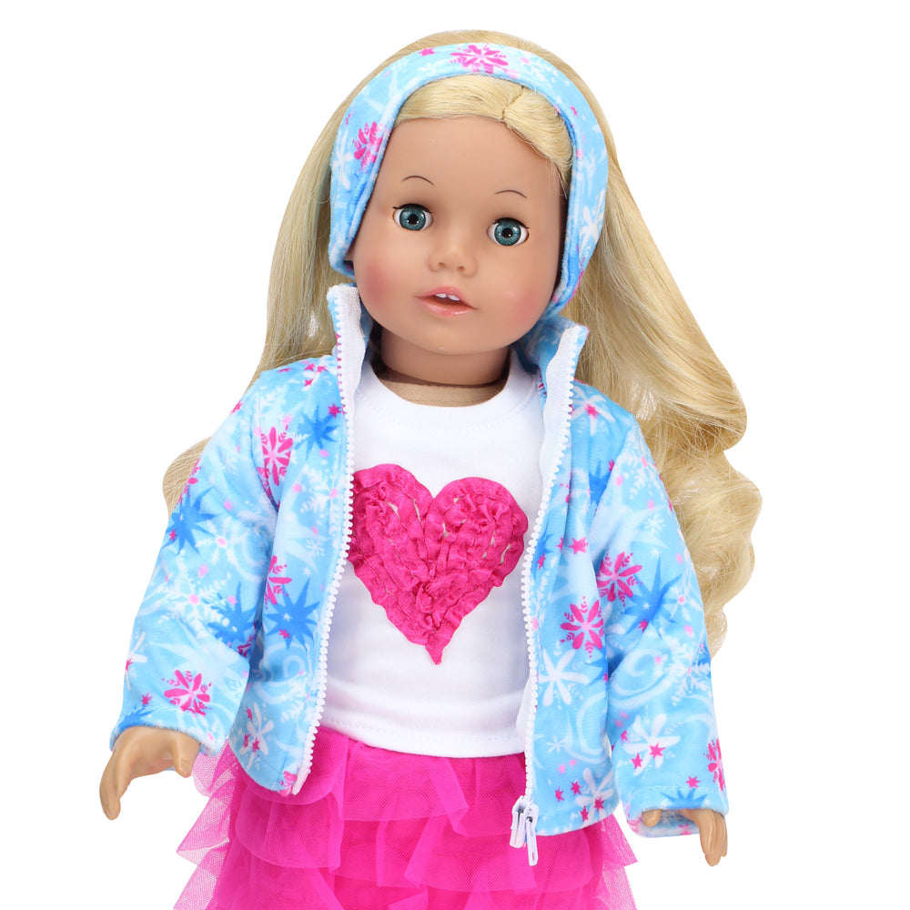 Sophia’s Seasonal Winter Snowflake Print Fleece Zip-Up Jacket & Matching Earmuff Set for 18” Dolls, Light Blue