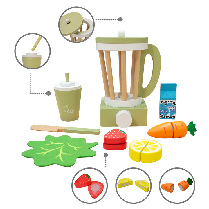 Children's Teamson Kids Little Chef Frankfurt Wooden Blender Play Kitchen Accessories, Green set with assorted pretend ingredients and utensils.