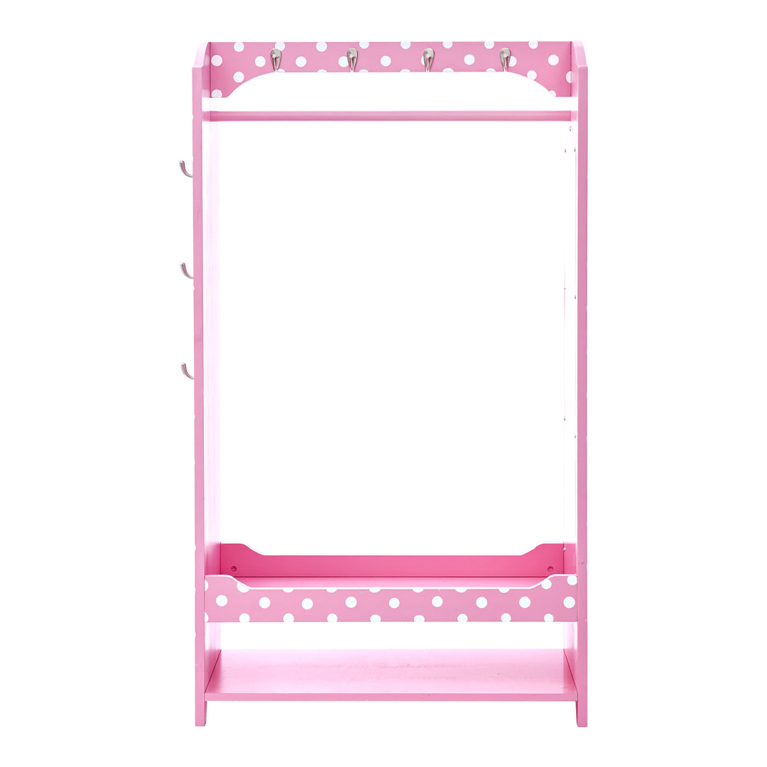 A pink with white polka dot wardrobe with two shelves, hooks, and a shelf