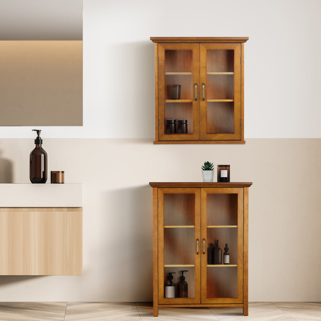 Teamson Home Avery Oiled Oak Removable Wall Cabinet hung over a similar floor cabinet in a modern bathroom