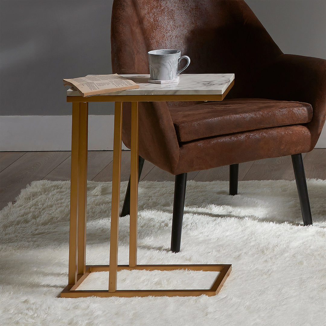 Teamson Home Marmo Modern Marble-Look C Shape Side Table, Marble/Brass