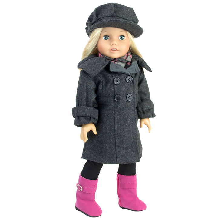 Sophia's - 18" Doll - Wool Coat, Hat, Plaid Scarf & Pink Boots - Gray