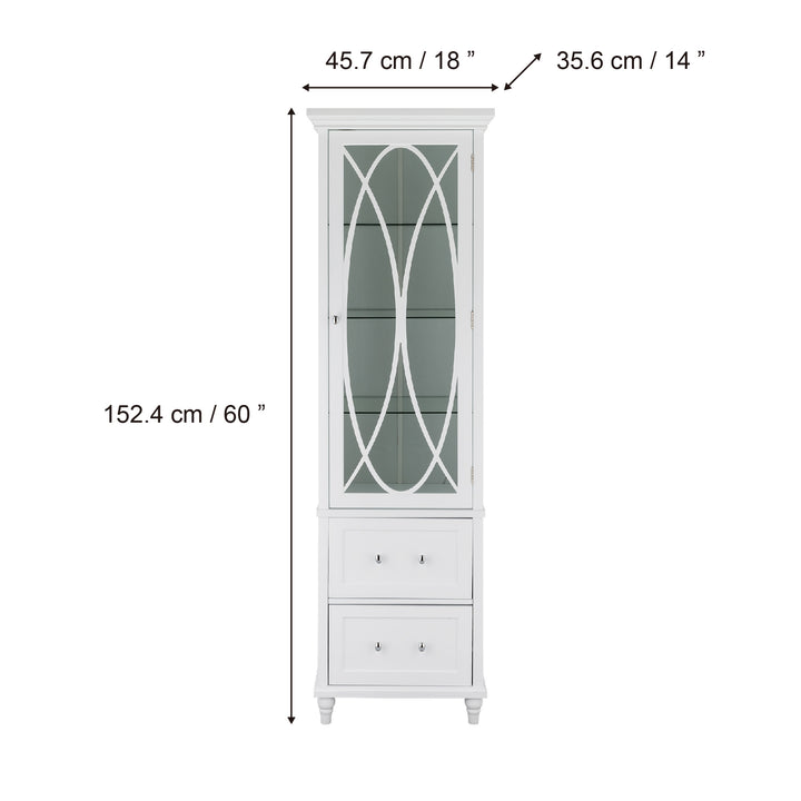 Dimensional graphic for a white cabinet in inches and centimeters