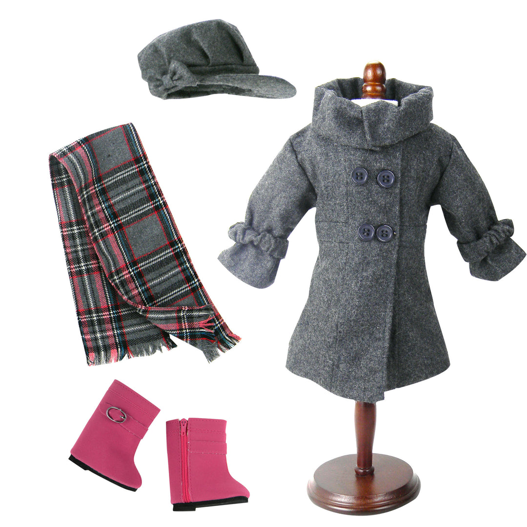 Sophia's - 18" Doll - Wool Coat, Hat, Plaid Scarf & Pink Boots - Gray