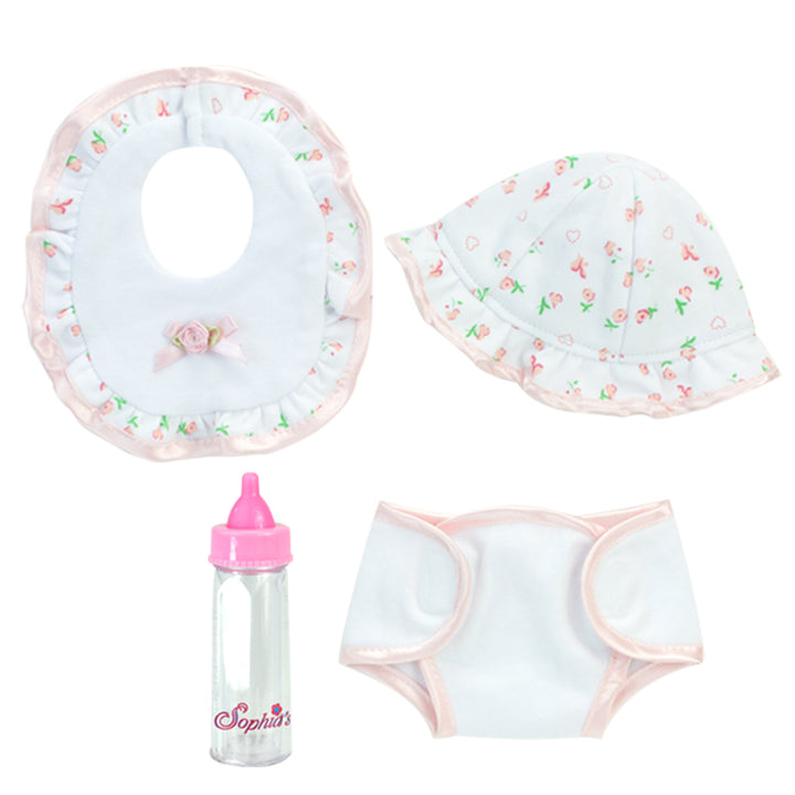 Sophia's - 15" Doll - Floral Print Sleeper, Bib, Hat & Diaper Complete Set - Light Pink