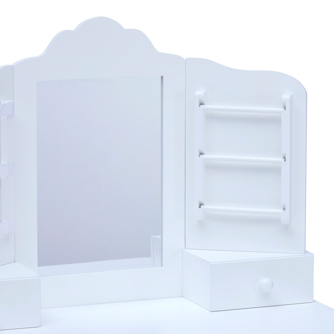 A white vanity table and a close-up of the mirror and storage rack.