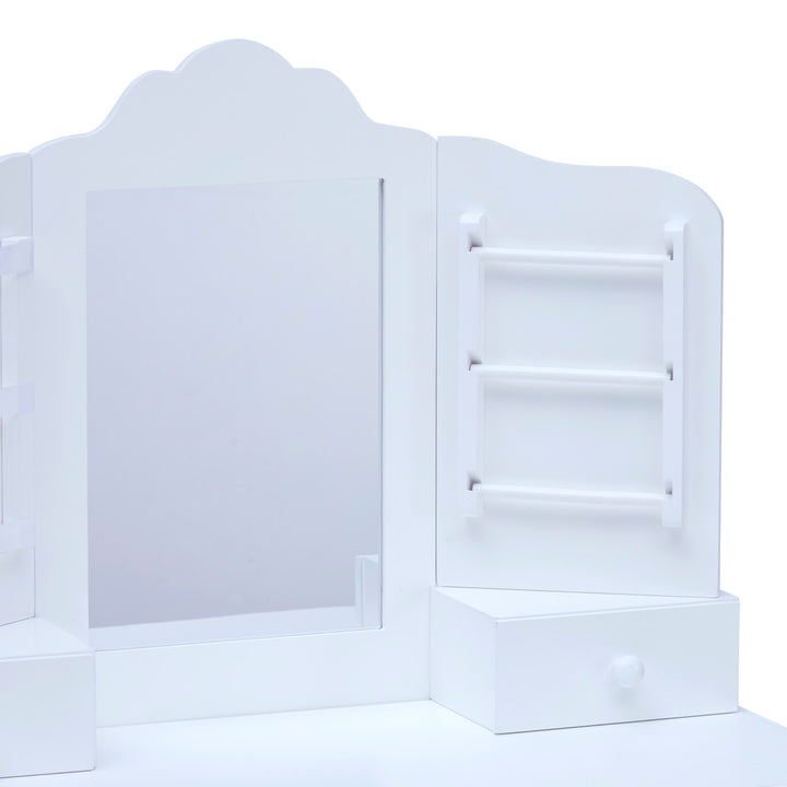 A white vanity table and a close-up of the mirror and storage rack.