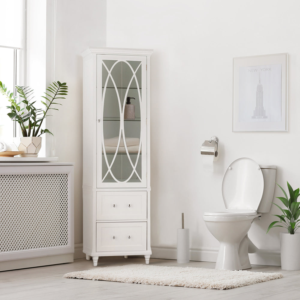 A tall white cabinet with two bottom drawers and a cabinet portion with glass door in a white bathroom