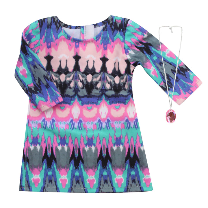 Sophia’s Watercolor Ikat Print Long-Sleeved T-Shirt Jersey Dress with Pink Rhinestone Necklace for 18” Dolls, Multi