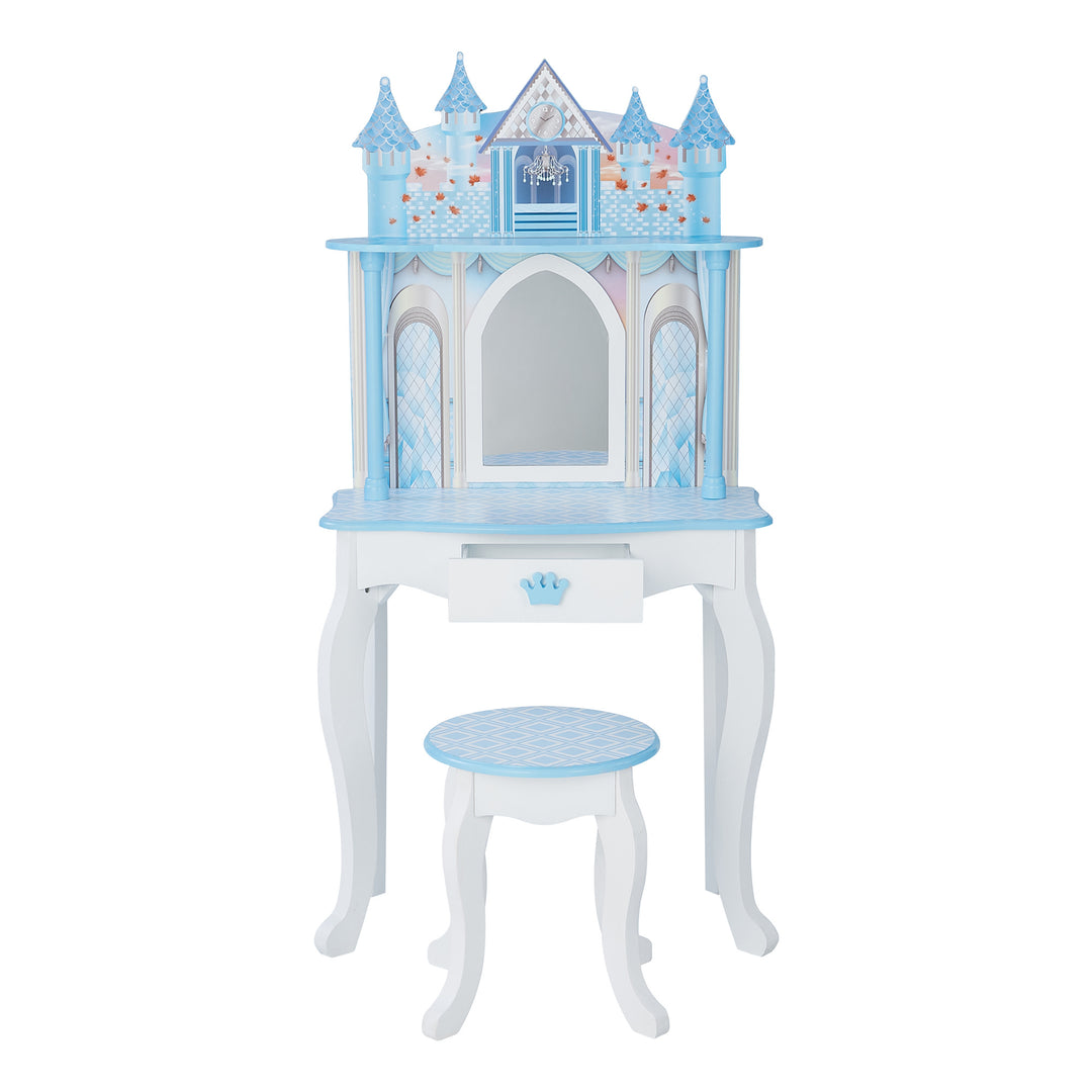 A Fantasy Fields Kids Dreamland Castle vanity set with chair and accessories by Teamson Kids.