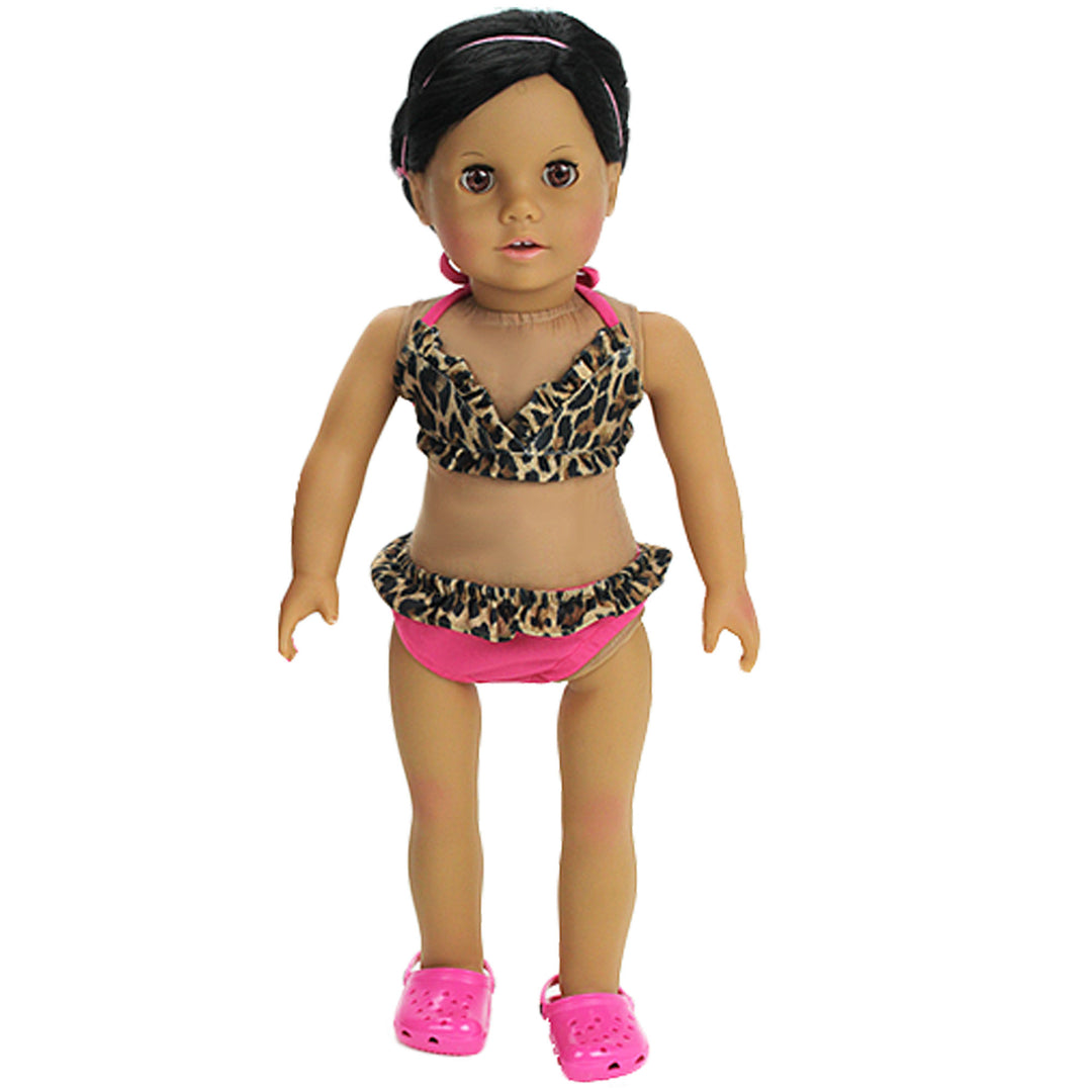 Sophia’s Super-Cute Animal Leopard Print V-Neck Halter Summer Bikini Swimsuit with Ruffle Details for 18” Dolls, Tan/Hot Pink