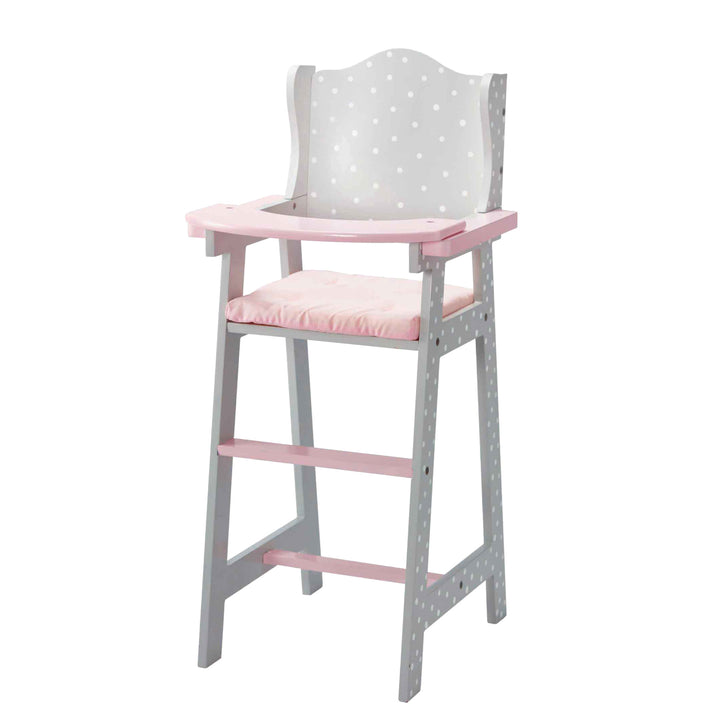 A pink and grey with white polka dots baby doll high chair.