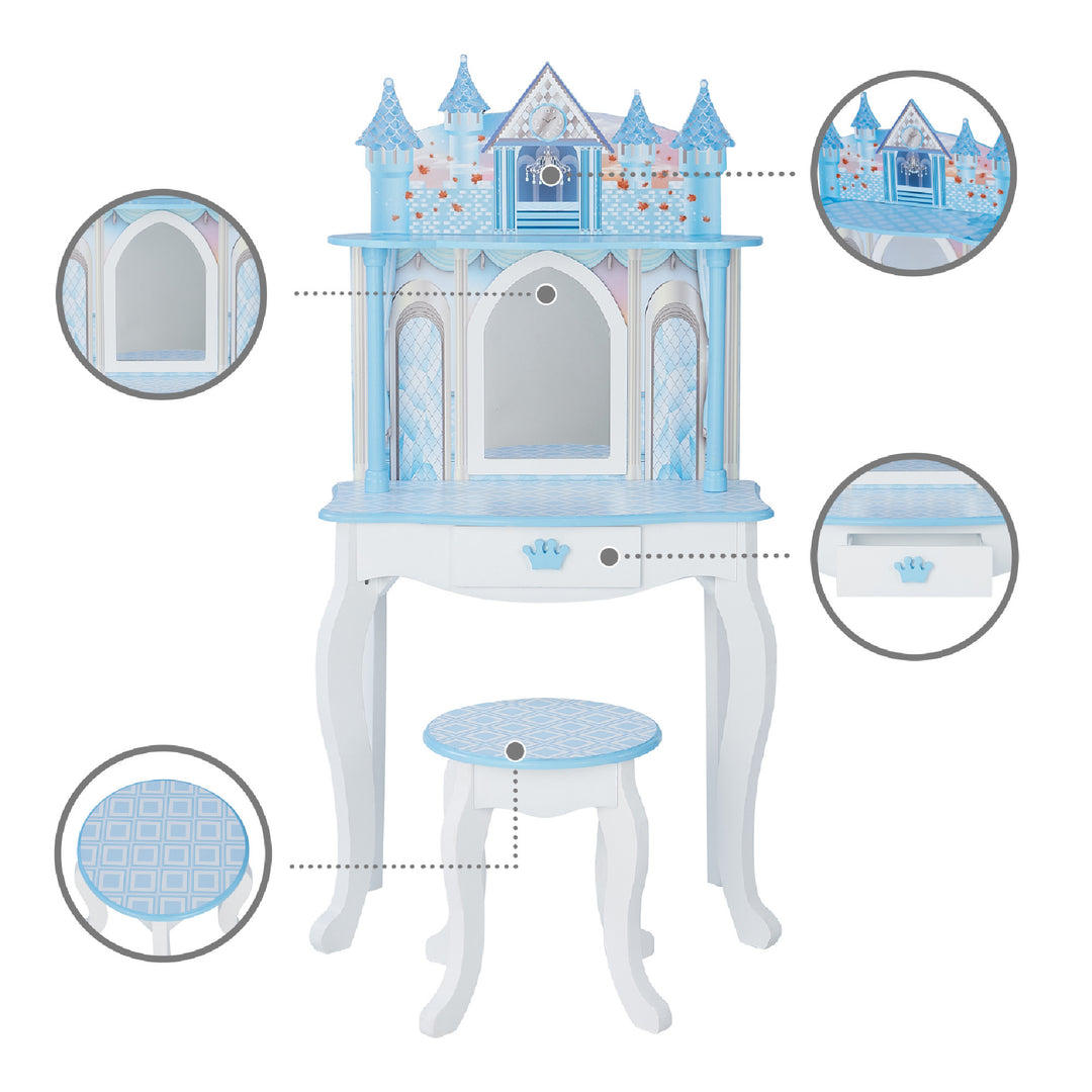 Callout features of the white and blue vanity set including an arch-shaped mirror, stool with a white and blue patterend seat, a white and blue ballroom scene for 12" dolls above the mirror, and a storage drawer with a blue crown-shaped handle.