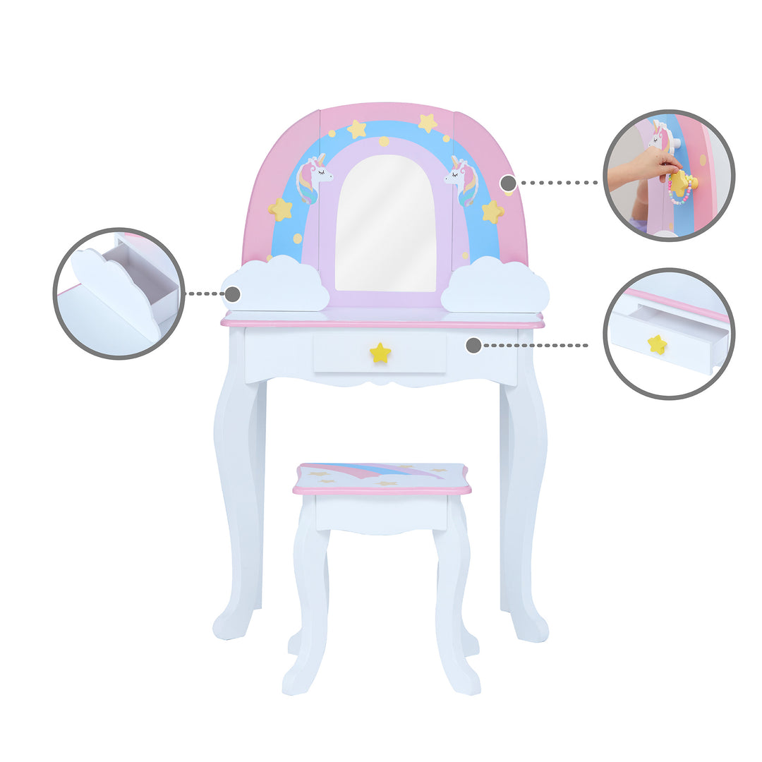 Callouts of a white vanity table and stool with a rainbow, unicorns, stars, and a mirror featuring a cloud drawer, star-shaped hook and storage drawer below the tabletop.