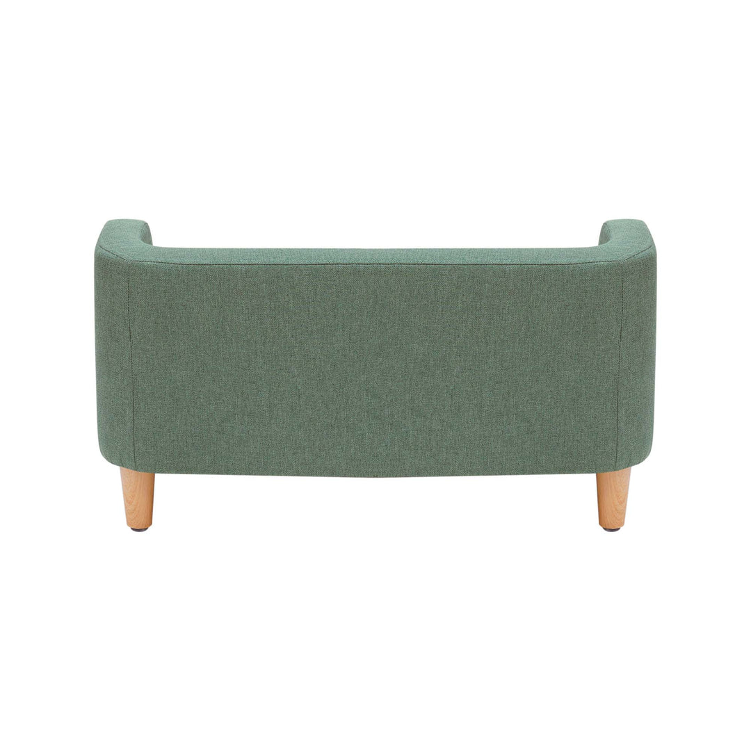 A view from behind of the Bennett Linen Sofa Pet Bed for Cats and Dogs in a two-toned sea green.