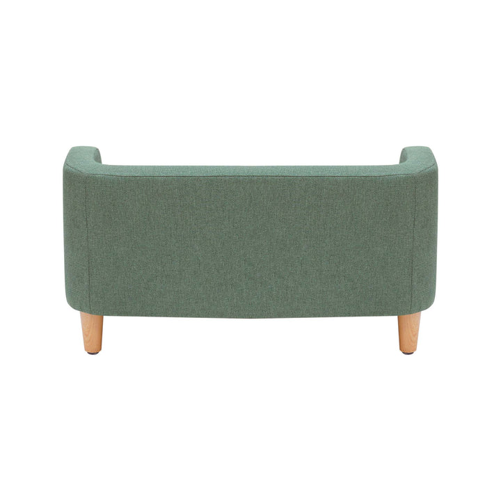 A view from behind of the Bennett Linen Sofa Pet Bed for Cats and Dogs in a two-toned sea green.