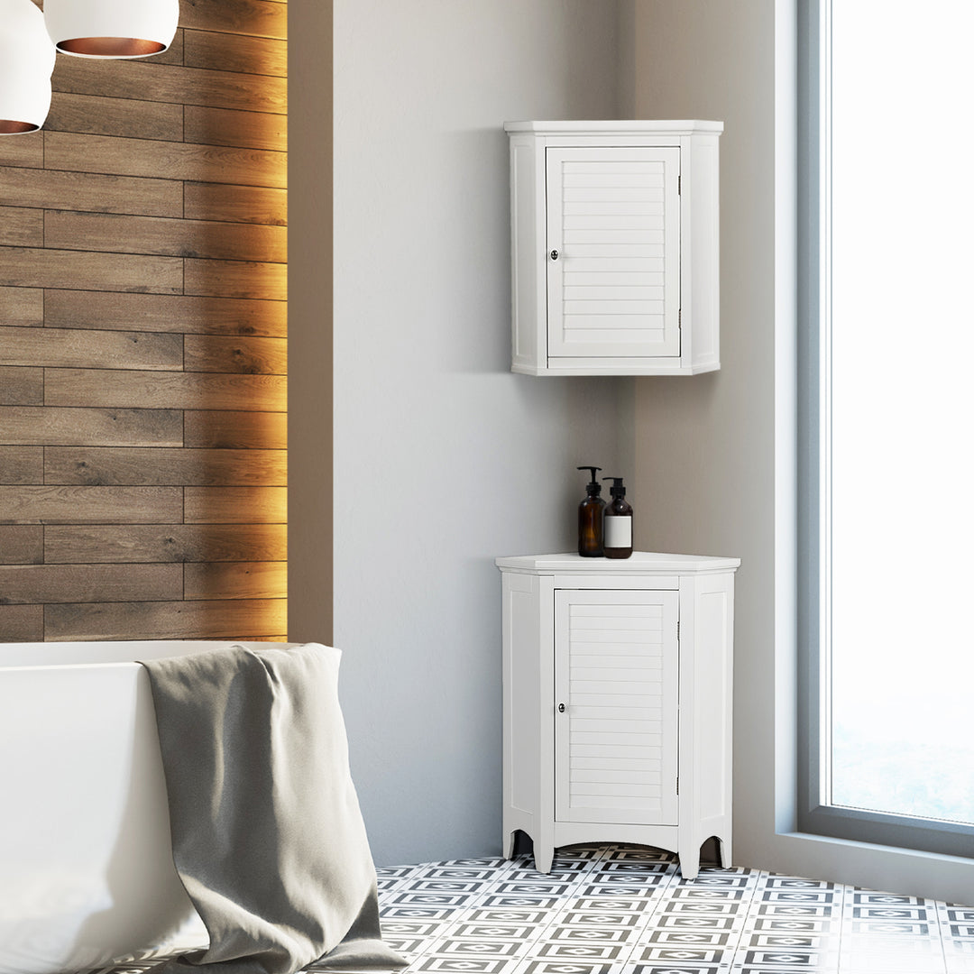 Modern bathroom interior with a Teamson Home White Glancy Corner Wall Cabinet with Louvered Door and a corresponding floor cabinet below