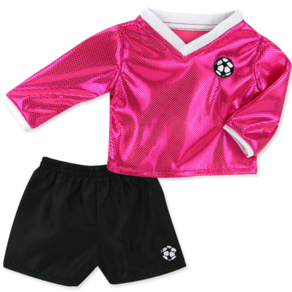 Sophia’s Shimmery Hot Pink Three-Piece Long-Sleeved V-Neck & Shorts Soccer Outfit & Ball Set for 18” Dolls, Fuchsia/Black