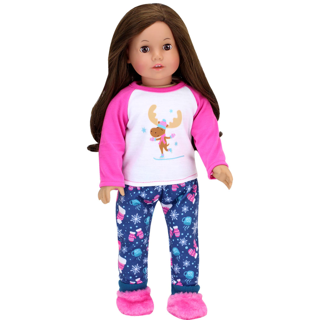 Sophia’s Super Cute Moose & Snowflake Print Long-Sleeved Raglan Winter Sleepwear Pajamas & Fuzzy Slipper Set for 18” Dolls, Blue/Pink