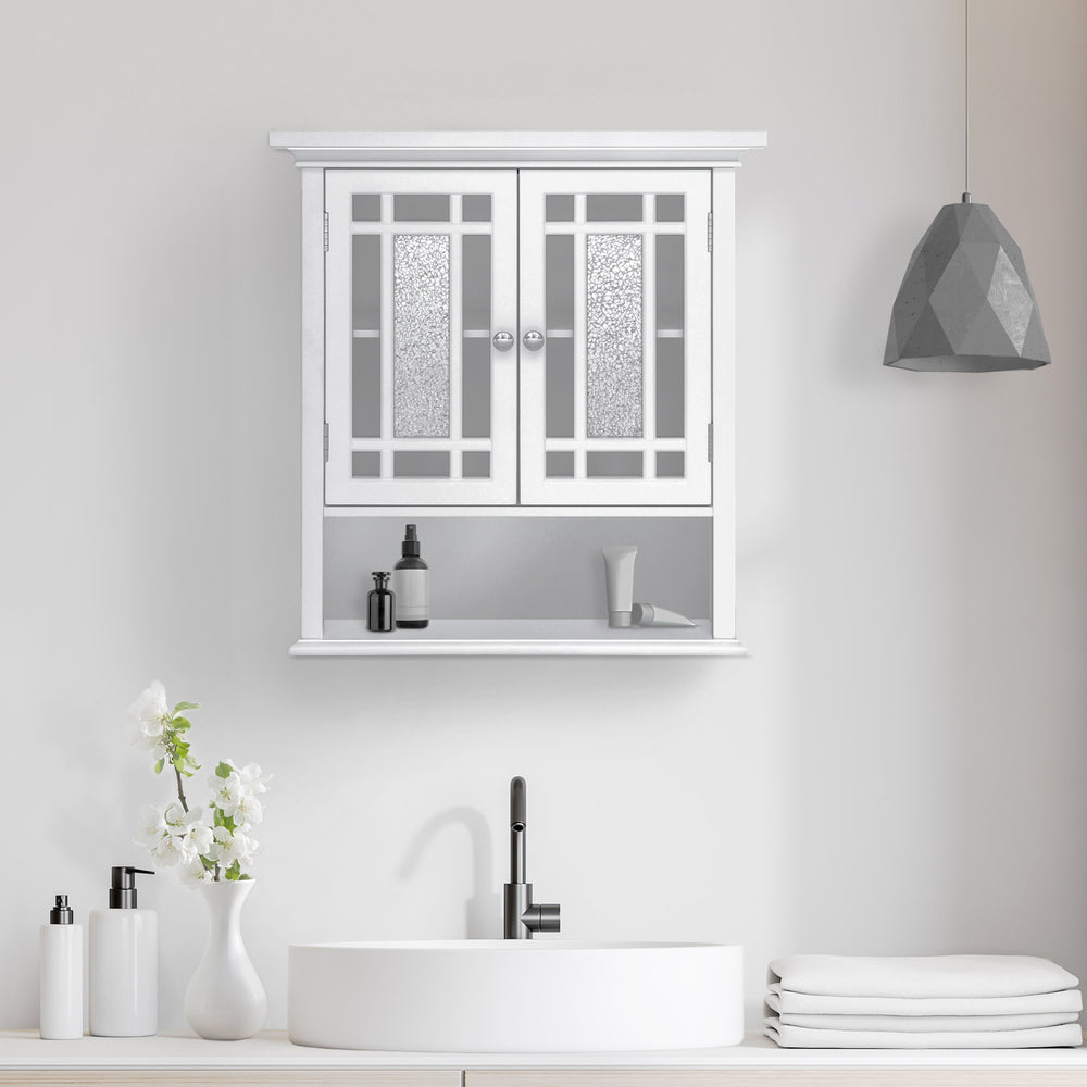 A minimalist bathroom interior with the Teamson Home White Windsor Removable Wall Cabinet with Glass Mosaic Doors a modern basin, and decorative items.