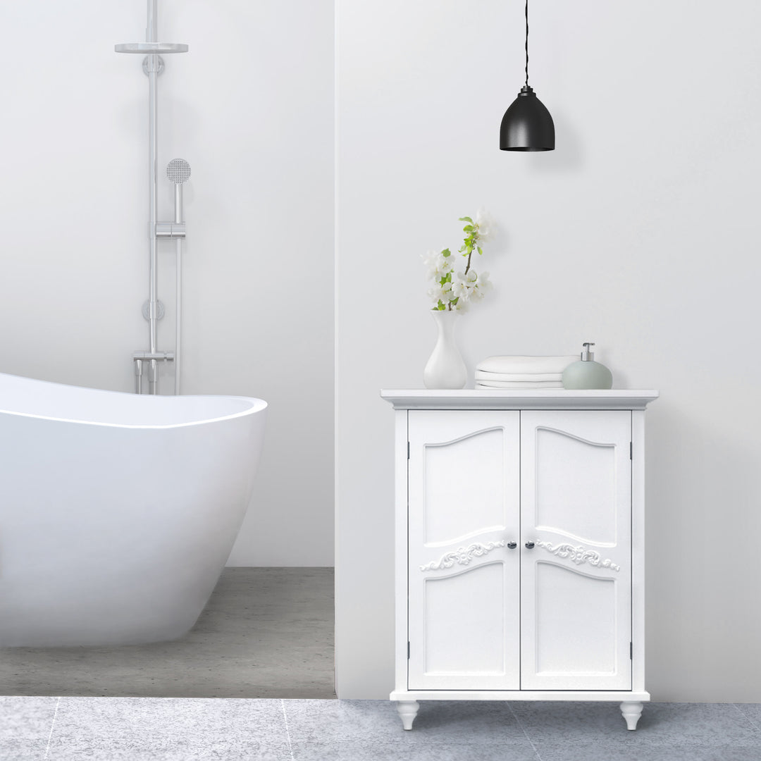 Modern bathroom with a Teamson Home Versailles White Floor Cabinet with ornate detailing