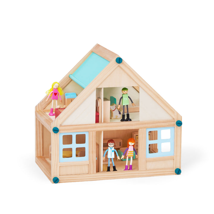 Olivia's Little World Buildable Wooden Dollhouse with 3.5" Doll People and Furniture, Tan/Sea Green